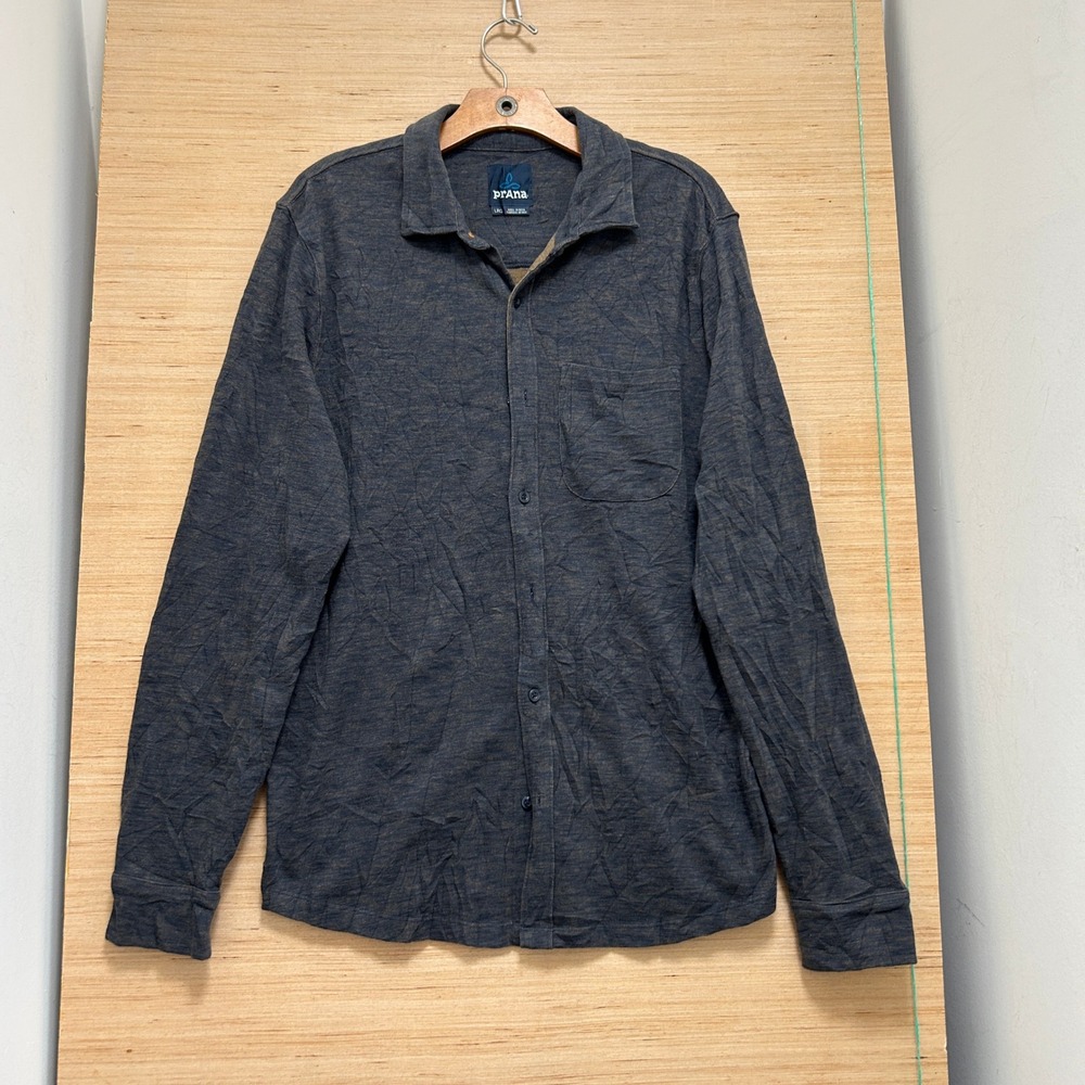 Prana Mens Large Long Sleeve Button Down Shirt Charcoal Gray Heather Knit L